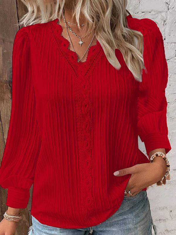 Long Sleeves Loose Hollow Solid Color V-Neck T-Shirts Product Image