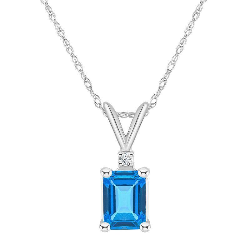 Celebration Gems 14k Gold Emerald Cut Swiss Blue Topaz & Diamond Accent Pendant Necklace, Womens Product Image