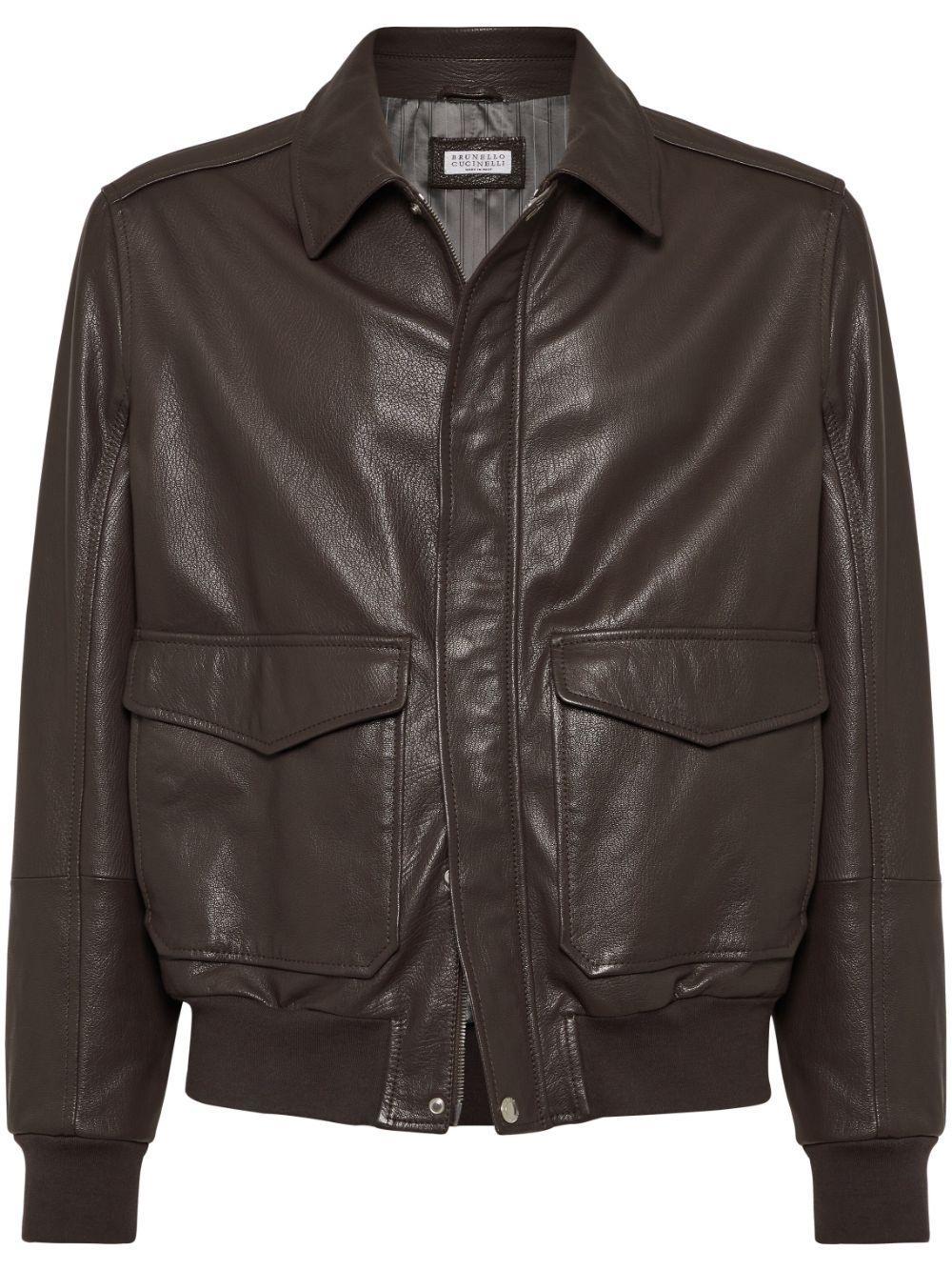 BRUNELLO CUCINELLI Aviator Leather Jacket In Brown Product Image