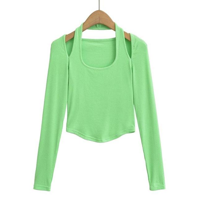 Long Sleeve Cold Shoulder Plain Ribbed Crop T-Shirt Product Image