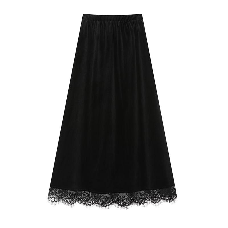 High Waist Plain Lace Panel Velvet Maxi A-Line Skirt Product Image