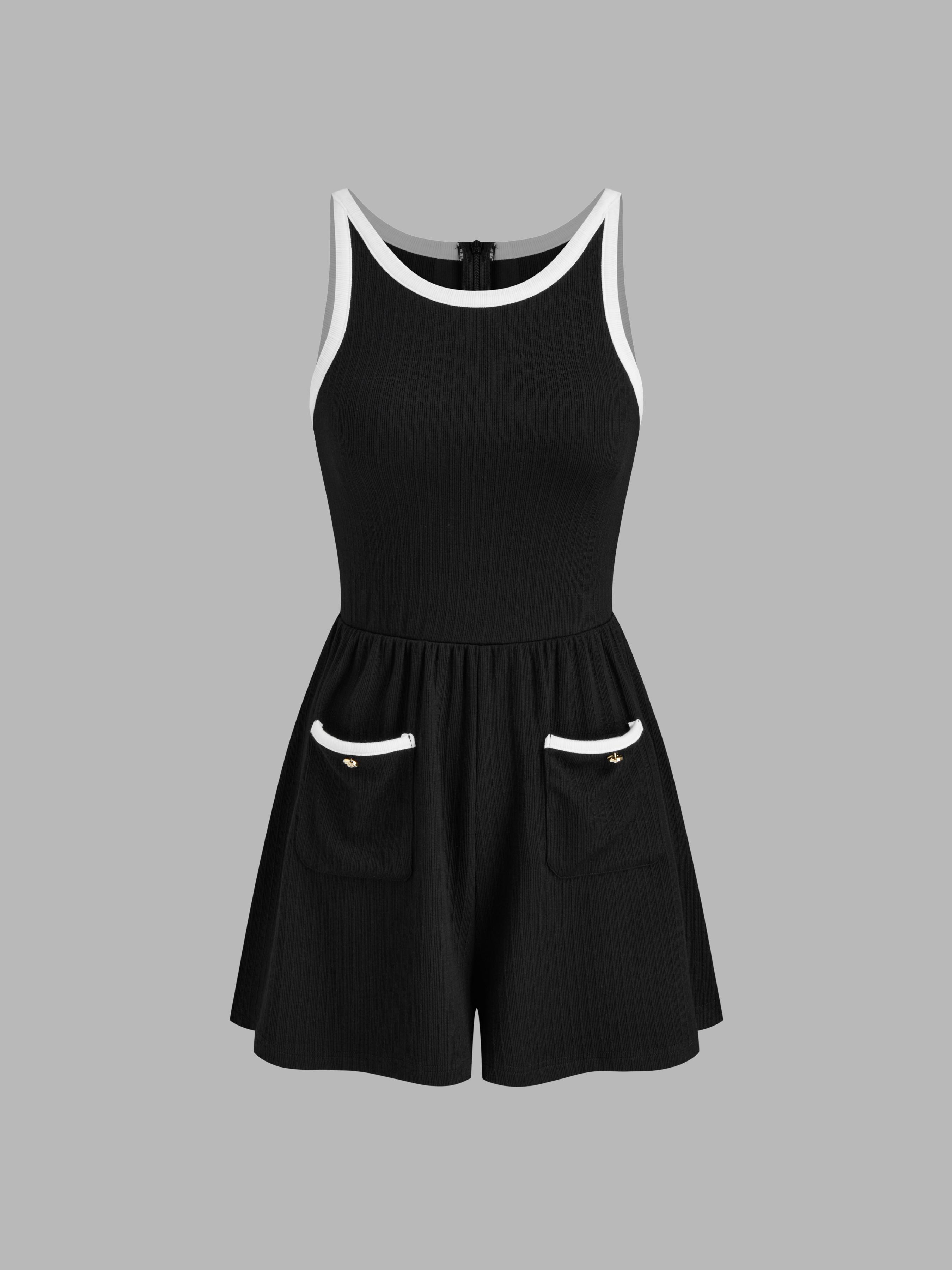 Round Neckline Solid Contrasting Binding Pocket Romper Product Image