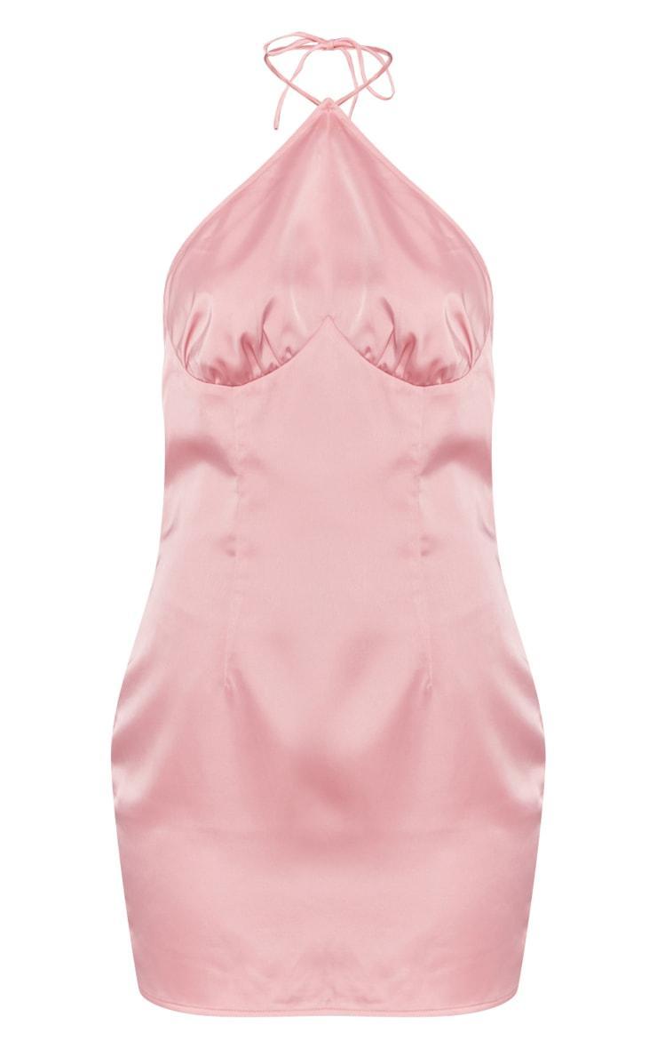 Dusty Pink Satin Seam Detail Backless Halterneck Bodycon Dress Product Image