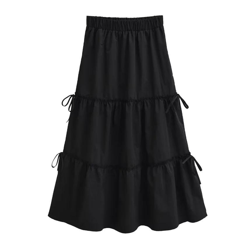 High Waist Bow Accent Plain Maxi A-Line Skirt Product Image