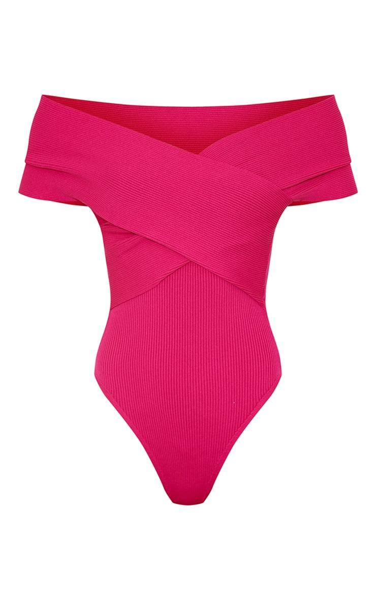 Fuchsia Rib Knit Foldover Twist Bodysuit Product Image