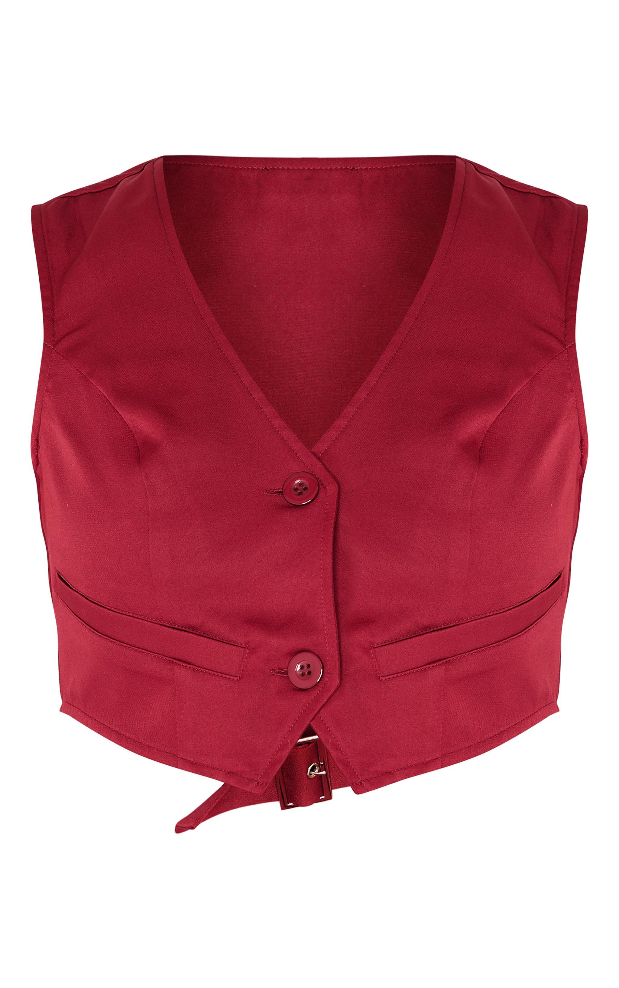 Burgundy Woven Belted Detail Suit Vest Top Product Image