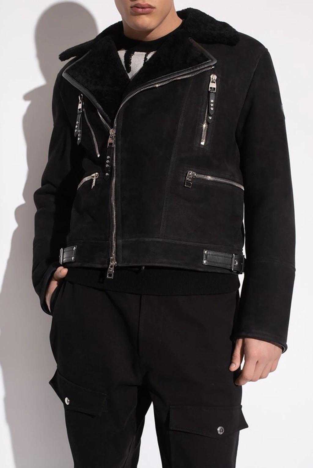 Logo-patch Shearling Biker Jacket In Black Product Image