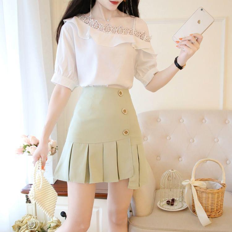 Short-Sleeve Cold Shoulder Plain Ruffle Panel Lace Top / High Waist Plain Pleated Mini A-Line Skirt / Set Product Image