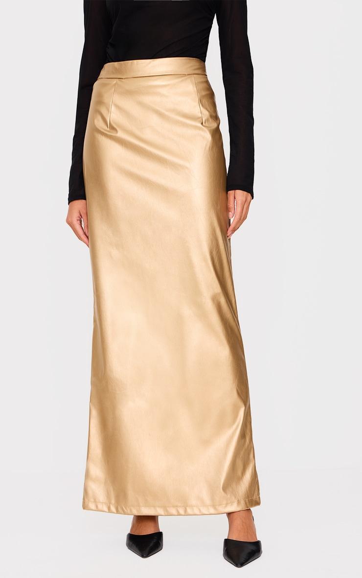 Gold Metallic Faux Leather Maxi Skirt Product Image