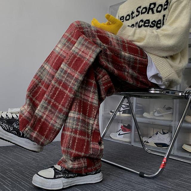 High Rise Plaid Straight Leg Pants Product Image