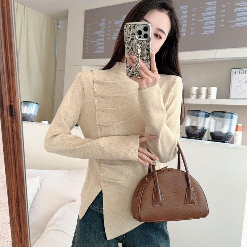 Mock Neck Plain Button Up Ribbed Knitted Ruched Sweater Product Image