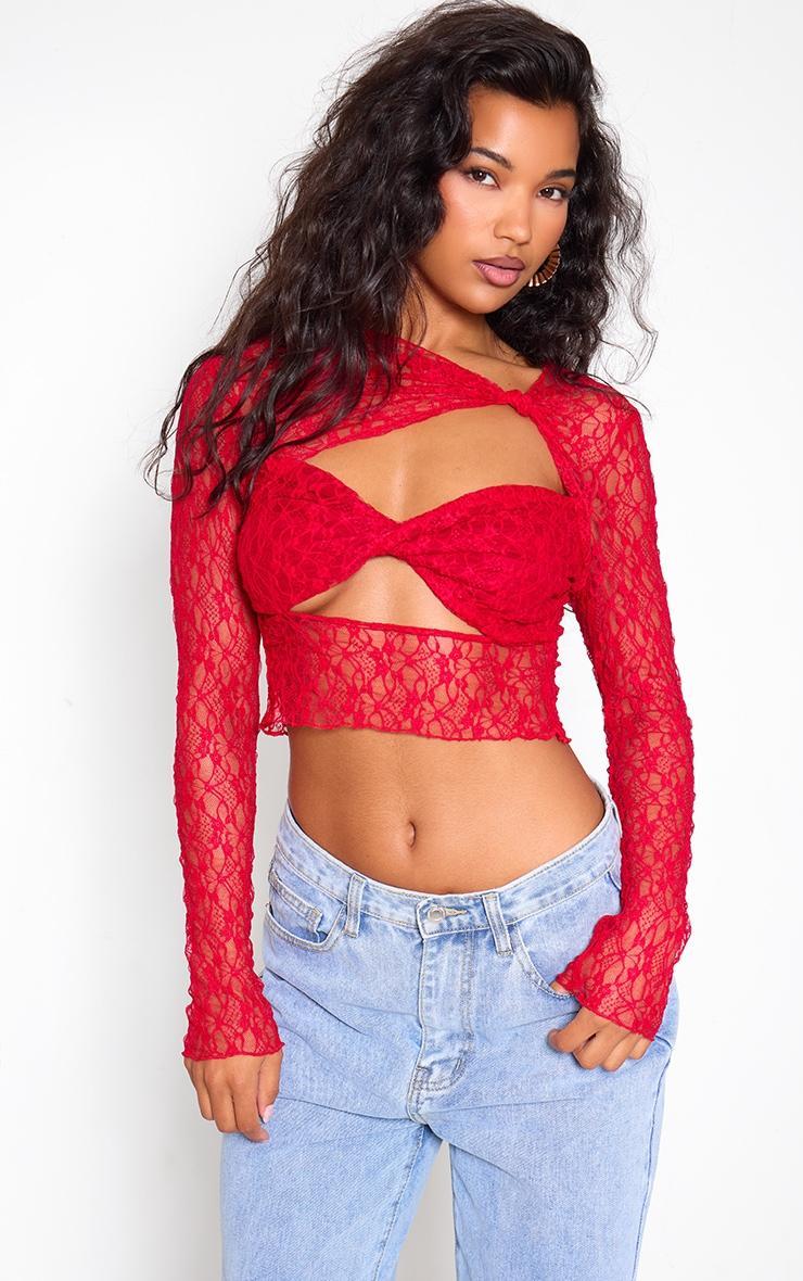 Red Lace Twist Neck Cut Out Crop Top Product Image