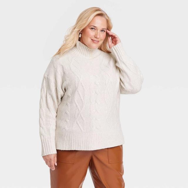 Womens Cozy Knit Mock Turtleneck Pullover Sweater - A New Day Oatmeal 3X Product Image