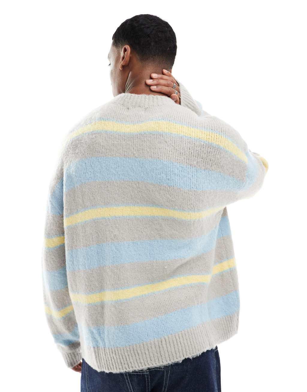 Pull&Bear fluffy stripe knitted sweater in gray Product Image