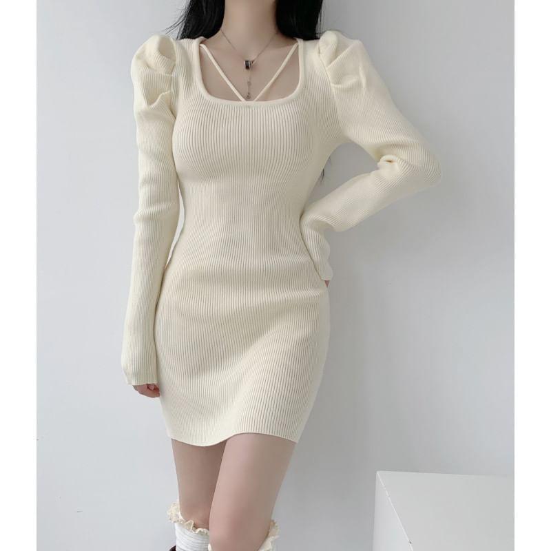 Long-Sleeve Square Neck Plain Ribbed Mini Sheath Knit Dress Product Image