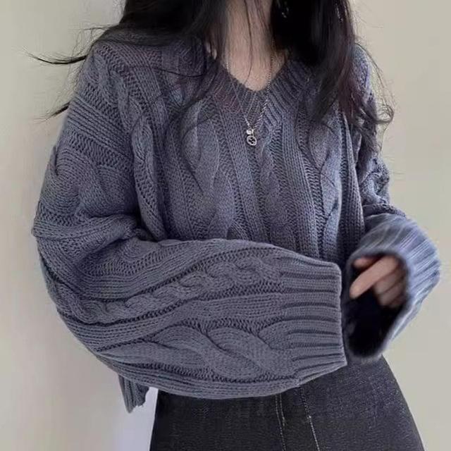 V-Neck Plain Cable-Knit Cropped Sweater Product Image