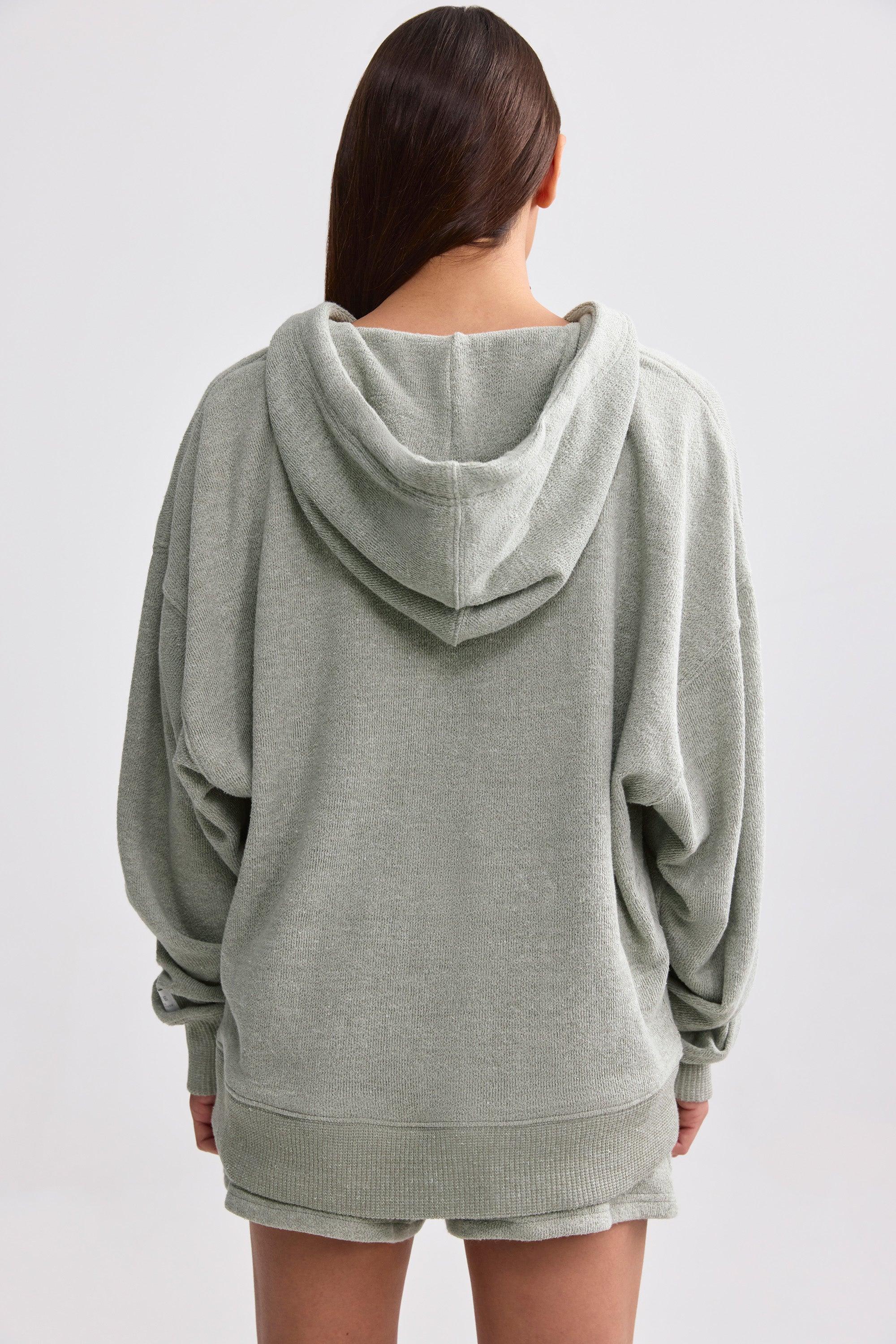 Terry Towelling V-Neck Hoodie in Sage Grey Product Image