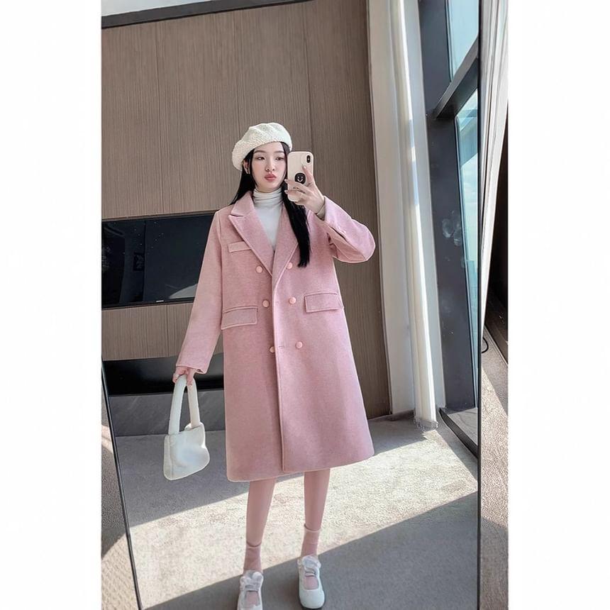 Lapel Collar Plain Double Breasted Long Coat Product Image