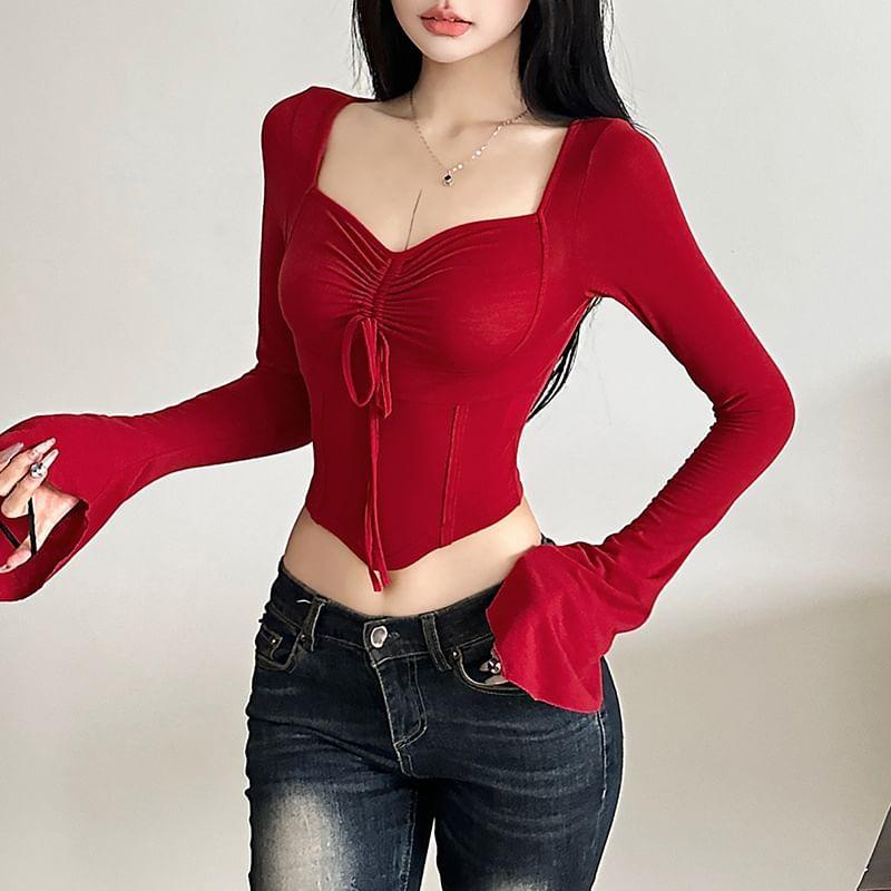 Long-Sleeve V-Neck Plain Crop Top Product Image