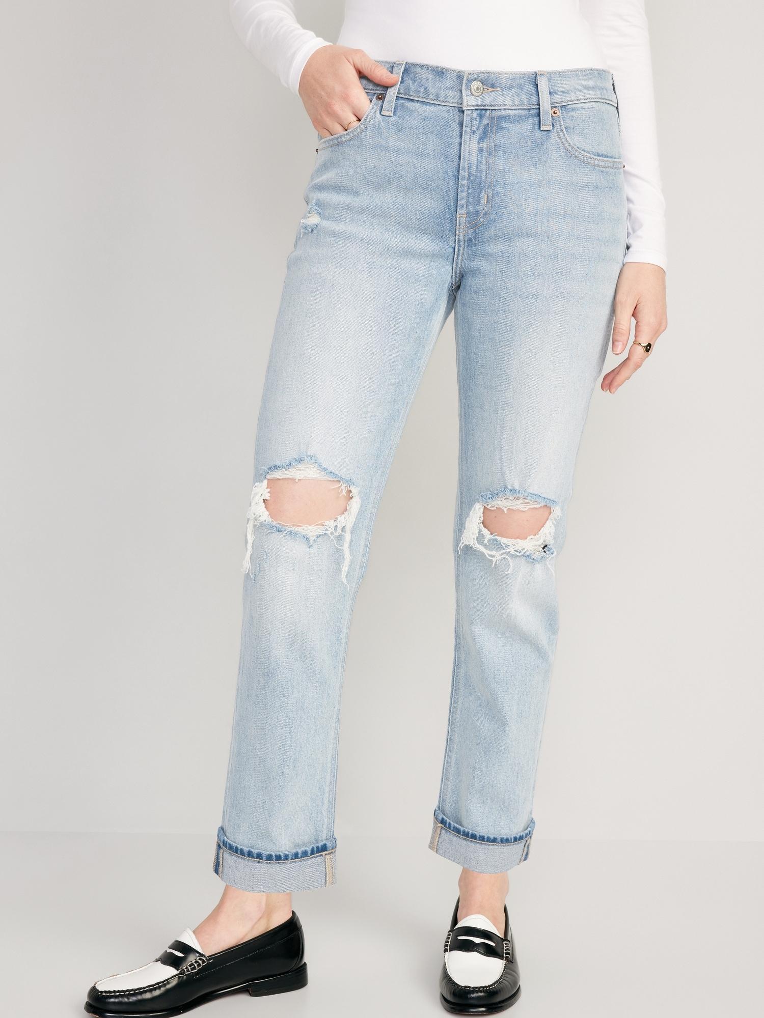 Mid-Rise Boyfriend Straight Roll Cuff Jeans for Women Product Image