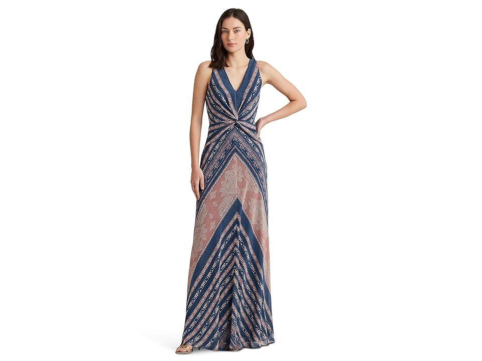 LAUREN Ralph Lauren Print Twist-Front Georgette Gown Pink/Cream) Women's Dress Product Image