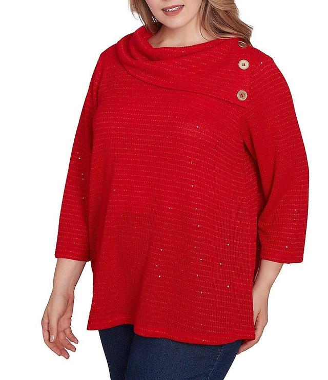 Ruby Rd. Plus Size Cozy Knit Split Cowl Neck 3/4 Sleeve Sequin Top Product Image