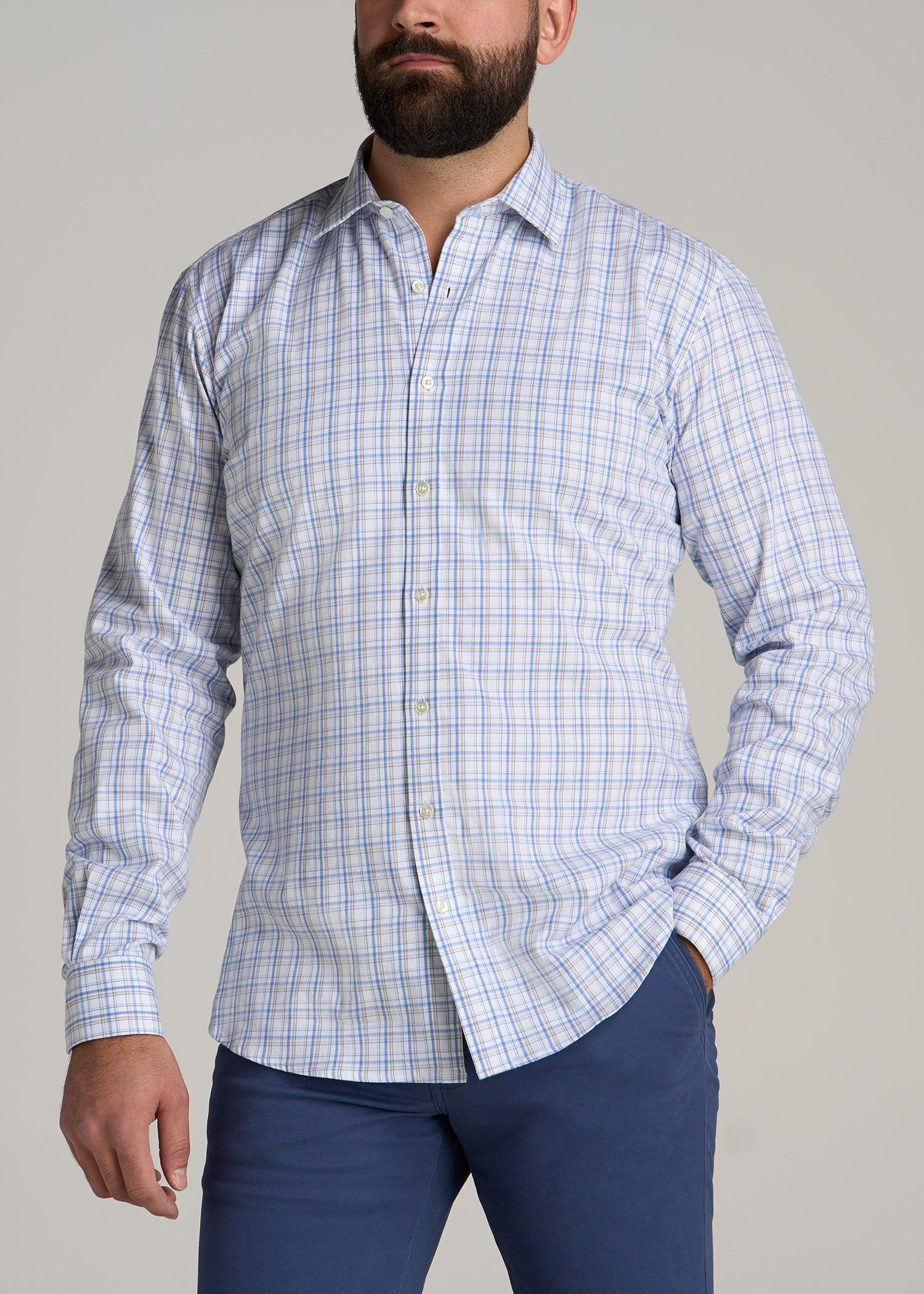 Oskar Button-Up Shirt for Tall Men in Soft Blue and Beige Plaid Product Image