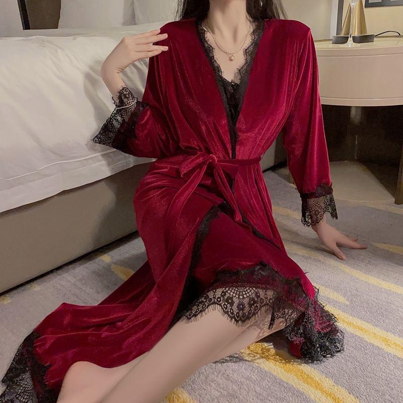 Spaghetti Strap V-Neck Lace Panel Slit Velvet Midi Nightdress / Pajama Robe / Set Product Image