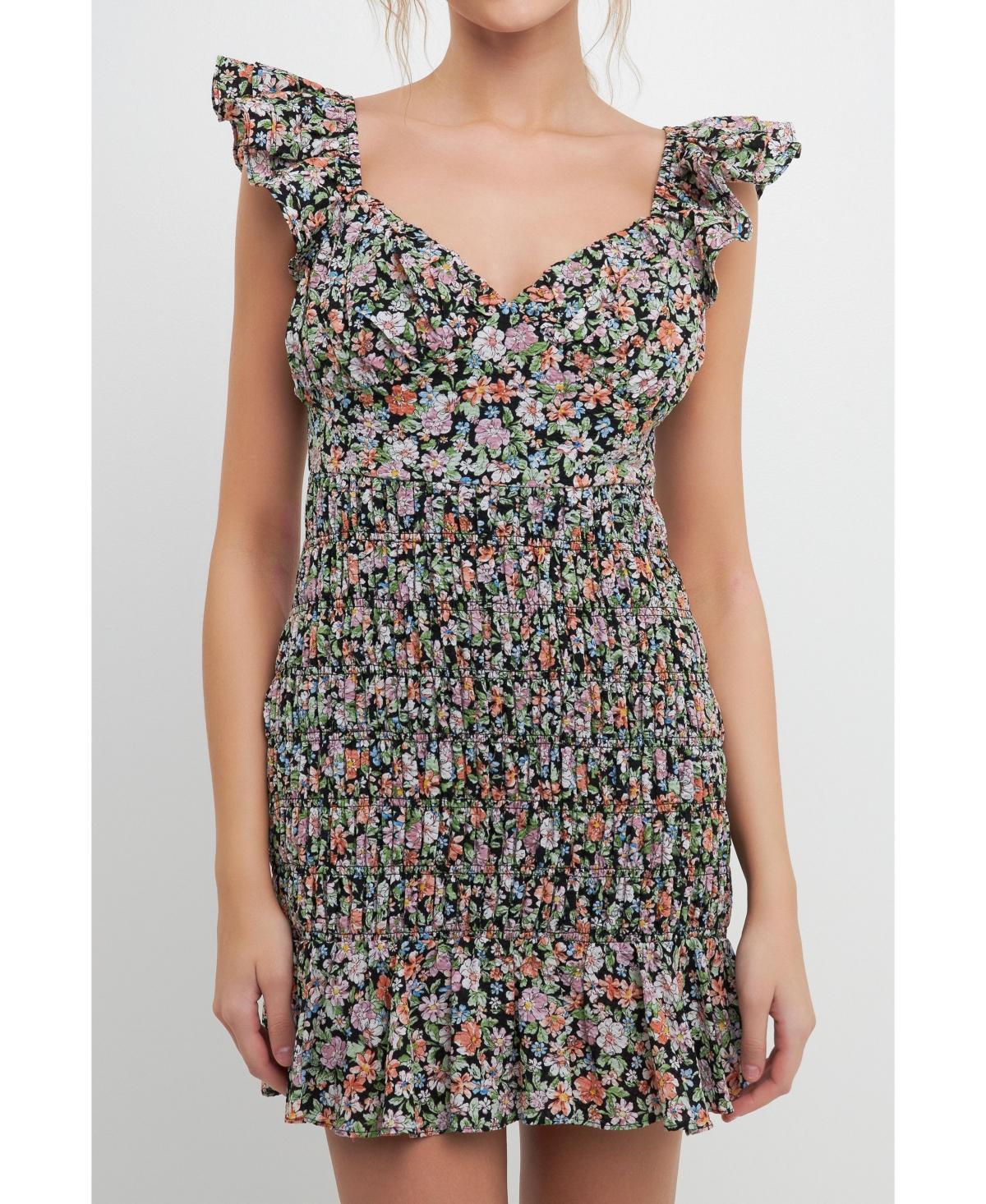 Free the Roses Floral Smocked Cotton Minidress in Black Multi at Nordstrom, Size Large Product Image