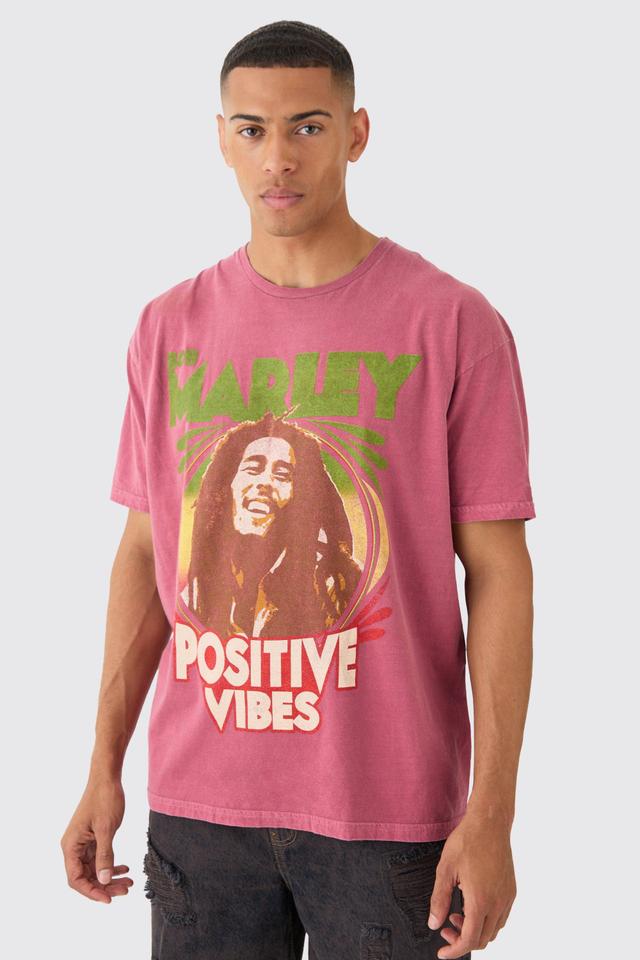 Mens Red Oversized Bob Marley License Wash T-shirt, Red Product Image