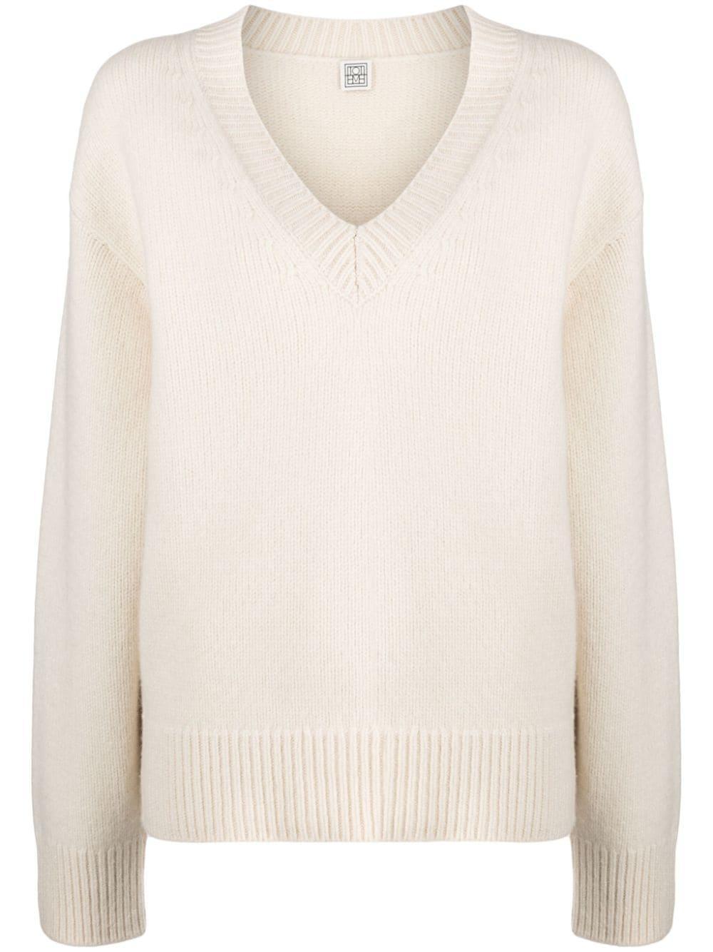 Dropped-shoulder V-neck Jumper In White Product Image