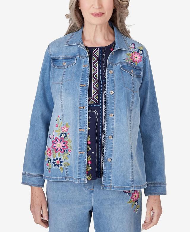 Alfred Dunner Womens In Full Bloom Butterfly Embroidered Denim Shirt Jacket Product Image