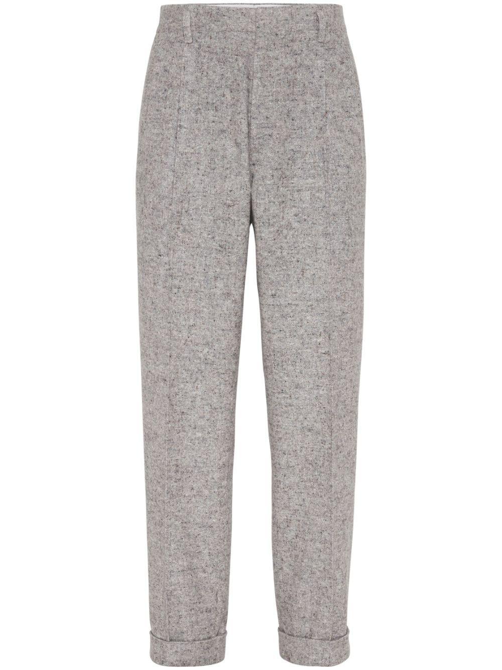 BRUNELLO CUCINELLI Virgin Wool And Silk Donegal Relaxed Fit Trousers With Double Pleats In Grey Product Image