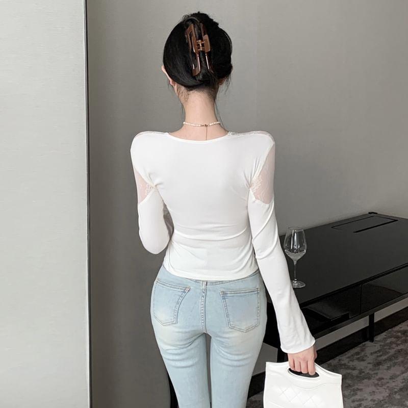 Long Sleeve V-Neck Plain Asymmetrical Panel Lace Top Product Image