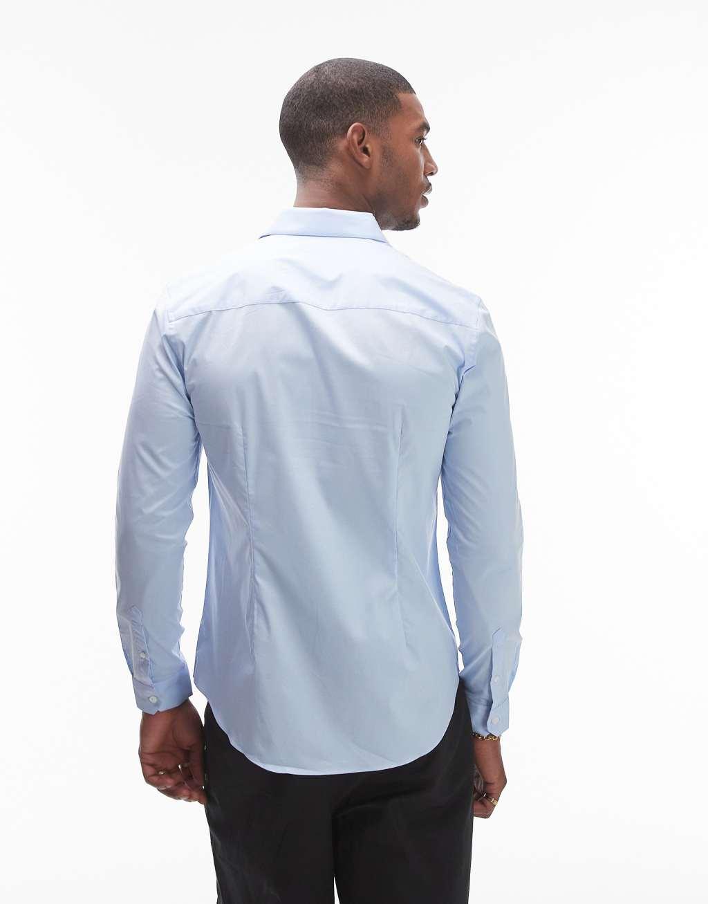 Topman long sleeve stretch shirt in blue Product Image