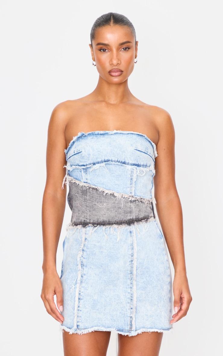 Blue Layered Denim Bandeau Mini Dress Product Image