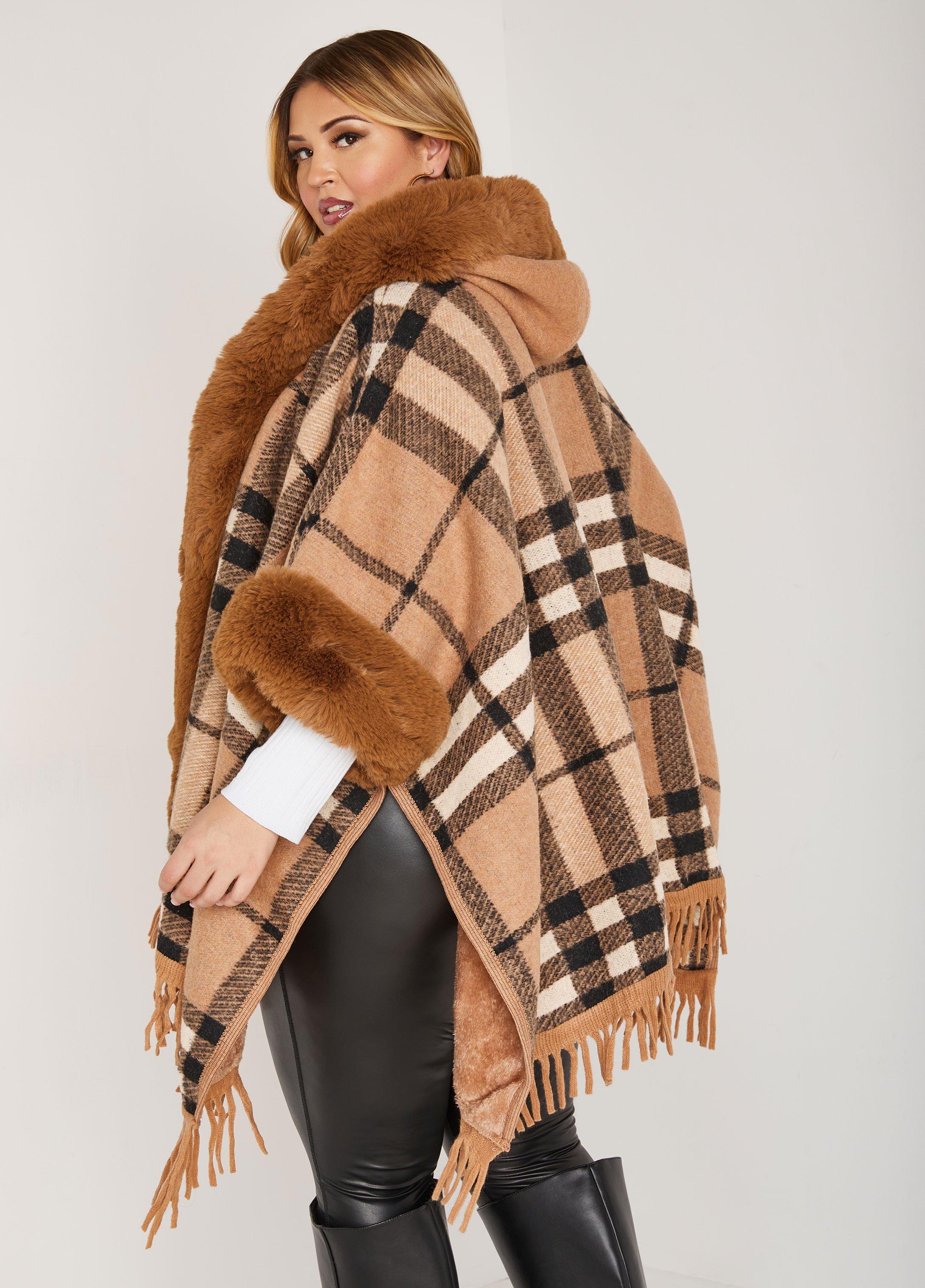 Faux Fur Trimmed Hooded Poncho Product Image