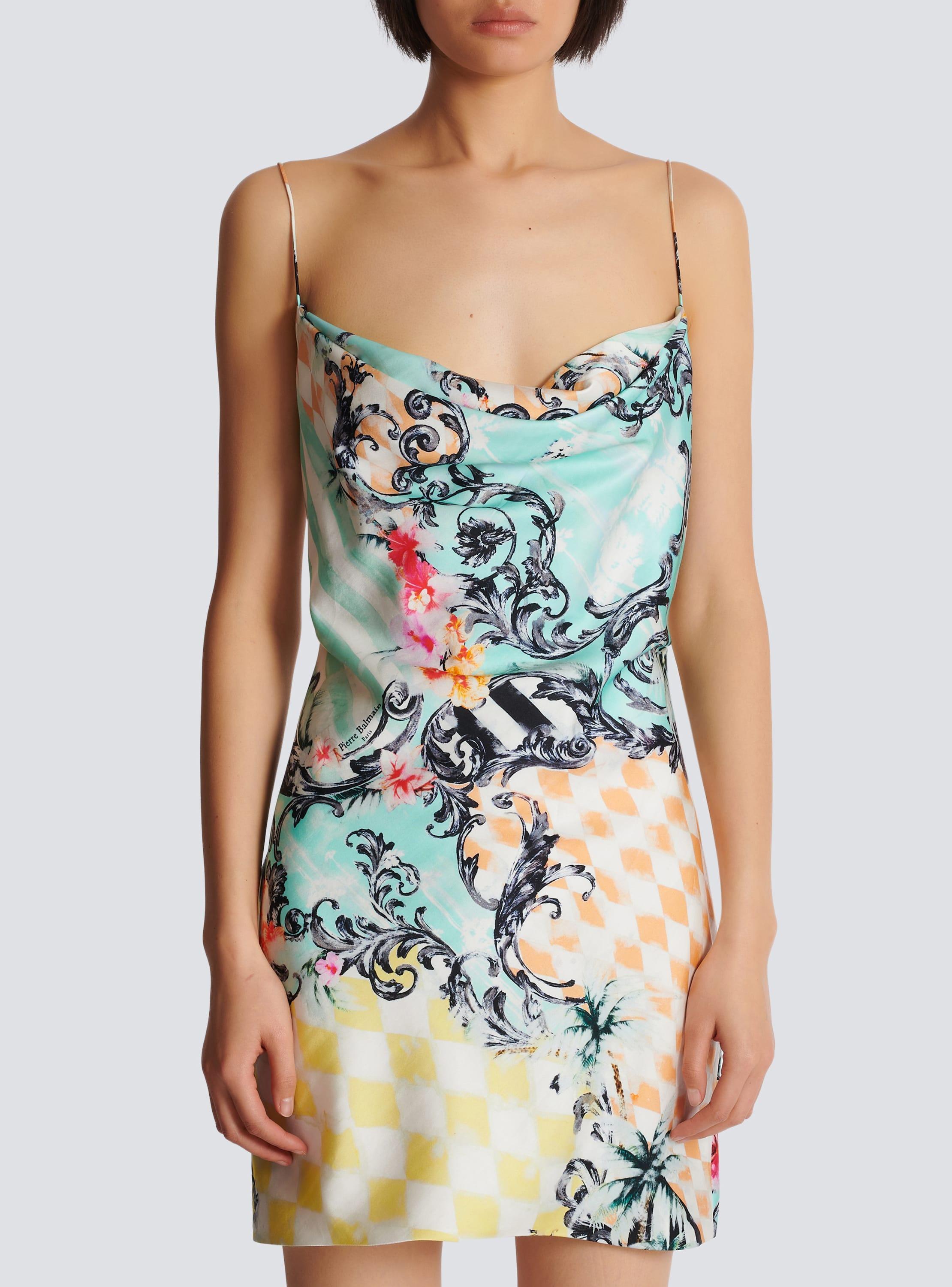 Short satin slip dress with Baroque print Product Image