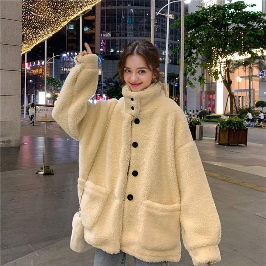 Stand Collar Plain Fleece Oversized Coat Product Image