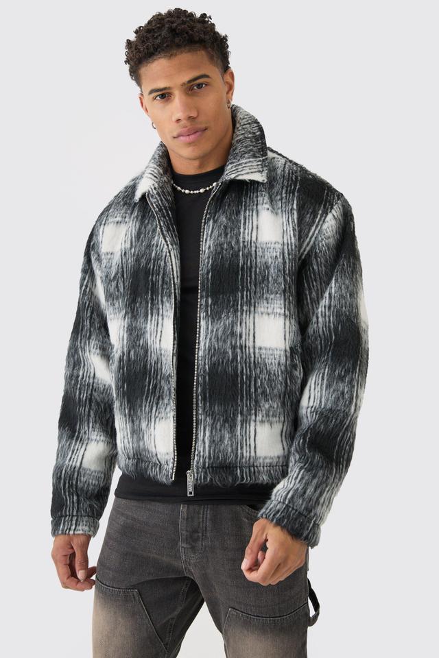 Brushed Check Collared Harrington Jacket In Black | boohooMAN USA Product Image