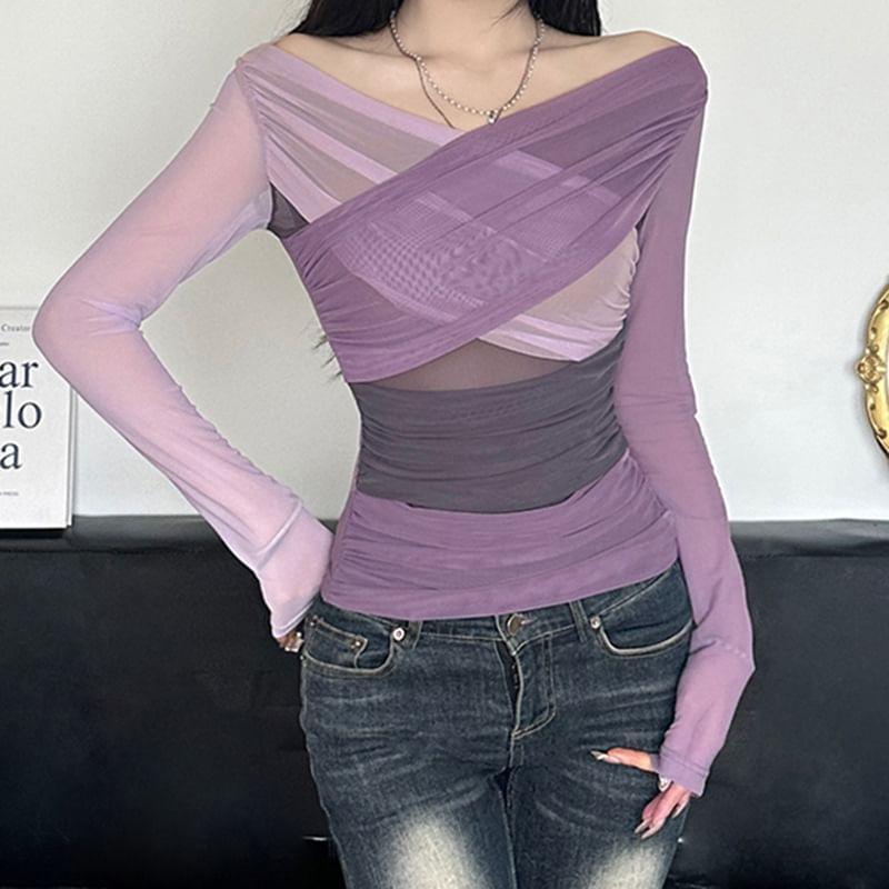 Long Sleeve Off-Shoulder Color-Block Mesh Ruched Slim-Fit Top Product Image