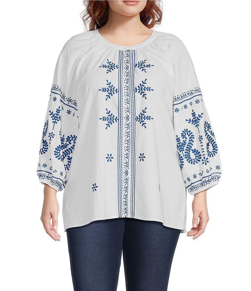 Calessa Plus Size Embroidered Crew Neck 3/4 Sleeve Tunic Product Image