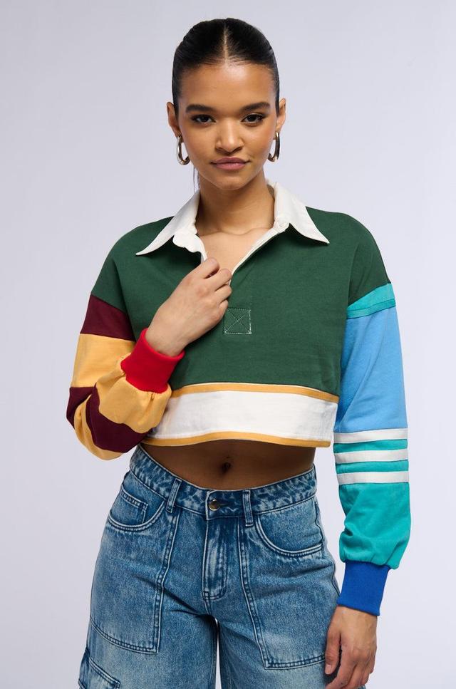 VARSITY LETTER LONG SLEEVE CROPPED POLO SHIRT Product Image