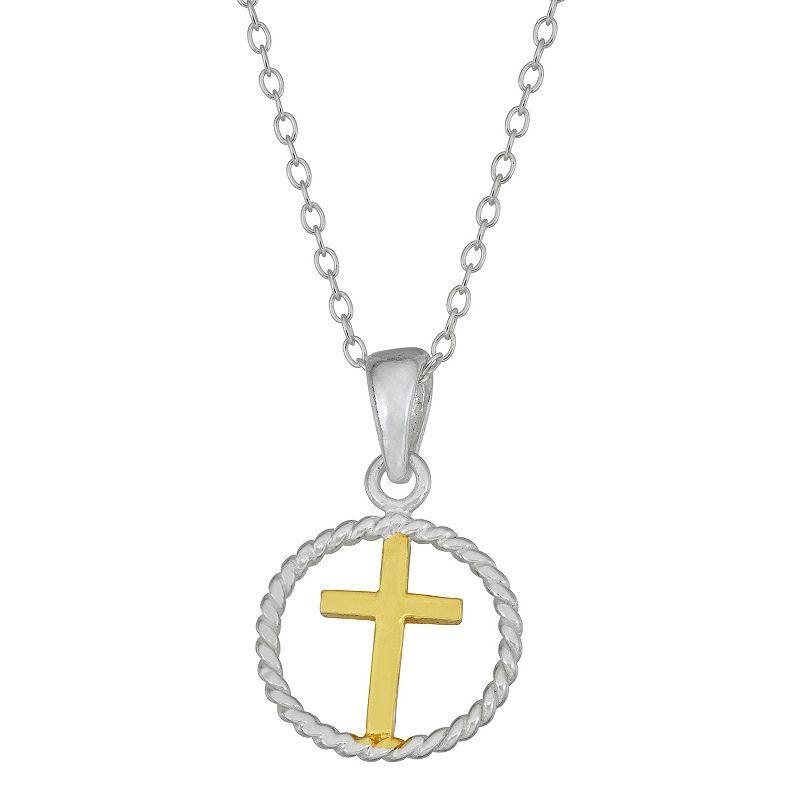 Charming Girl Two Tone Sterling Silver Wreath Cross Pendant, Womens Product Image