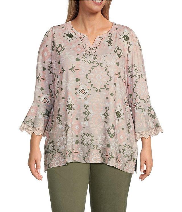 Allison Daley Plus Size 3/4 Ruffle Sleeve Split V-Neck Knit Top Product Image