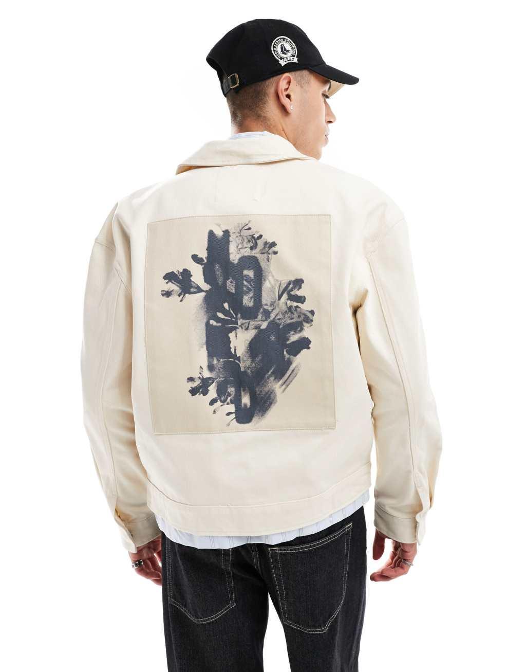 Bershka back printed jacket in ecru Product Image