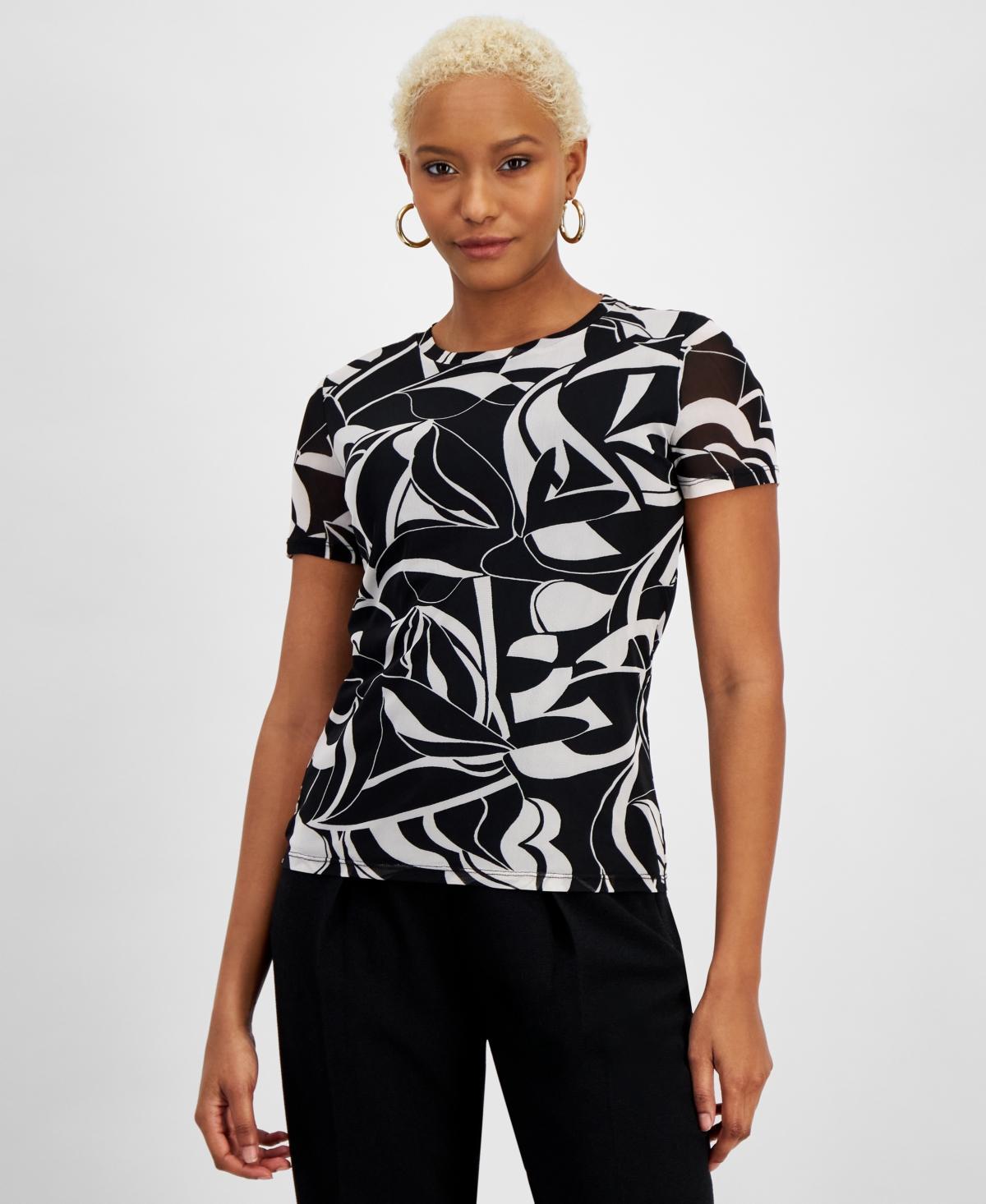 Bar Iii Womens Abstract-Print Mesh Top, Created for Macys - Black Product Image