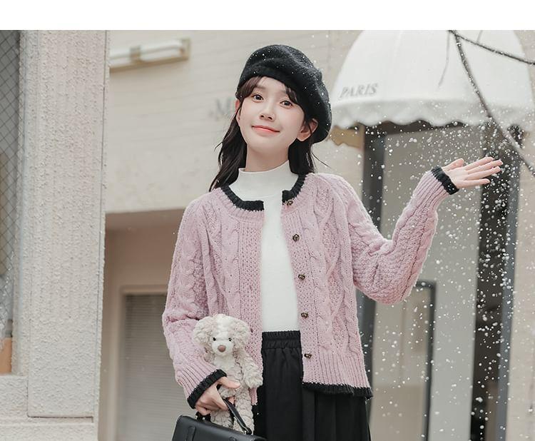 Round Neck Contrast Trim Cable Knit Cardigan Product Image