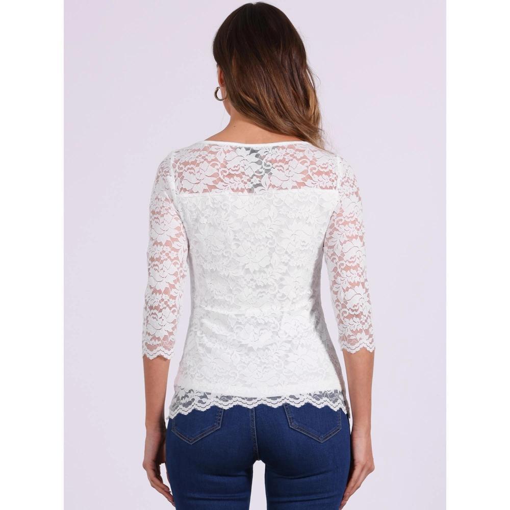 INSPIRE CHIC Women's Floral Lace 3/4 Sleeve Crew Neck Casual Elegant Blouse White X-Small Product Image