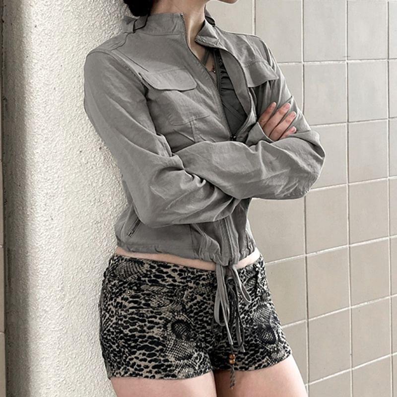 Mock Neck Plain Zip-Up Crop Jacket Product Image